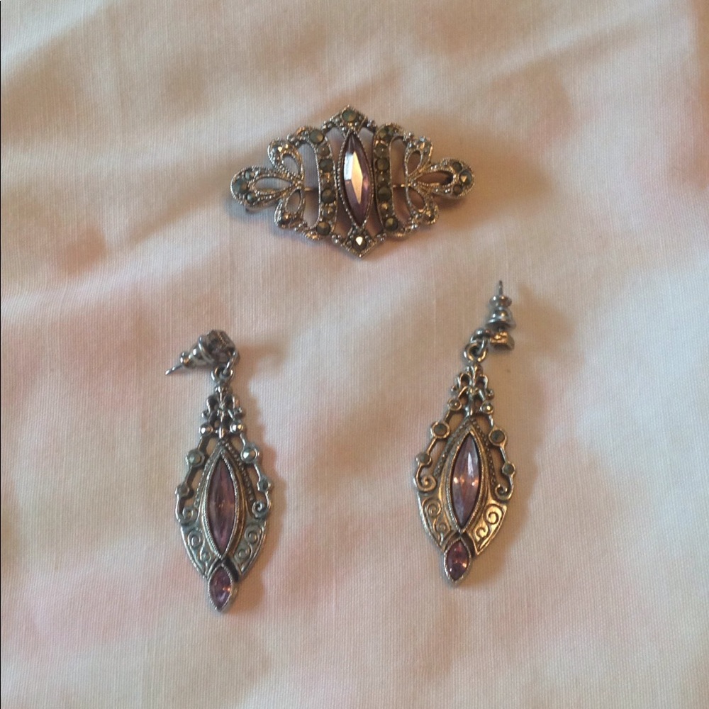 "1928" pin and earrings-silver plate